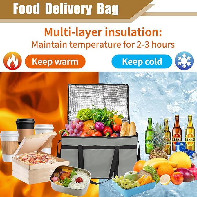 PEASUG Insulated Bags for Food Delivery, XXXL Pizza Delivery Bags, Large Capacity Cooler Bag Keep Food Warm for Grocery Shopping and Catering, Foldable, Heavy-Duty (Black)