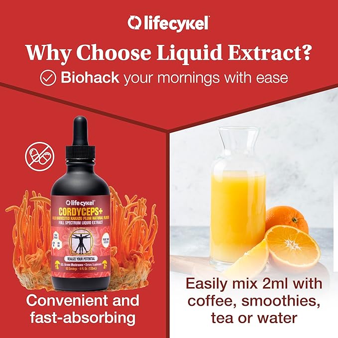 Lifecykel Cordyceps Mushroom Extract with Kakadu Plum - Energy, Stamina & Vitality Support, Natural Aging Supplement - Non-GMO and Vegan Tincture - 4Fl Oz