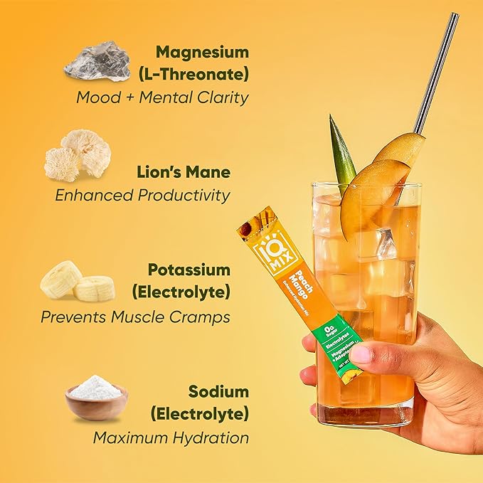 IQMIX Hydration Electrolyte Powder – 4-in-1 Formula for Hydration, Mental Clarity, Mood and Recovery – Sugar-Free Drink Mix, Keto, Magnesium L-Threonate, Lion’s Mane – 20 Count Peach Mango