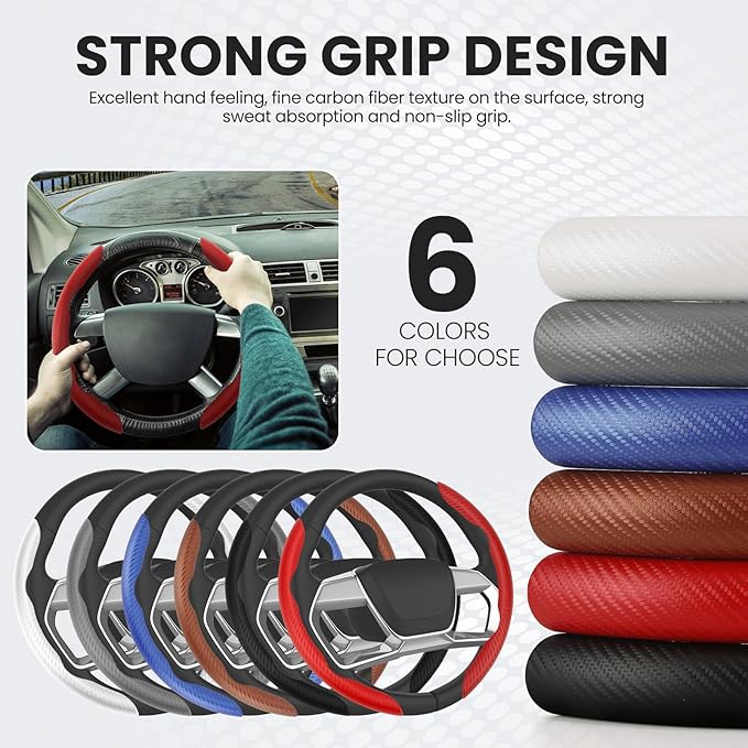 GSPSCN Universal Car Carbon Fiber Steering Wheel Cover Anti-Skid,Butterfly Steering Wheel Cover,Non-Slip Segmented Steering Wheel Protector,Fit for 99% Cars,Car Interior Accessories (Red)