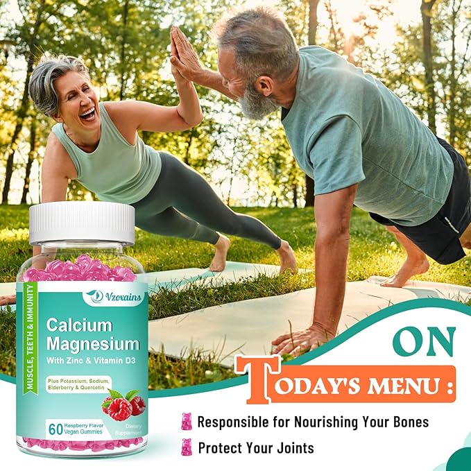 High Absorption Calcium Gummies, Calcium Magnesium Zinc with Magnesium Glycinate, Potassium, Vitamin D3 for Women & Men- Raspberry Flavored 60 Cts