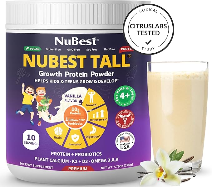 NuBest Tall Protein Powder for Kids & Teens - Vegan Vanilla Protein Powder Shake with Organic Red Algae Calcium, Probiotics, Omega 3-6-9, Vitamin D3 + K2 & Magnesium from Marine Algae - Pack 2