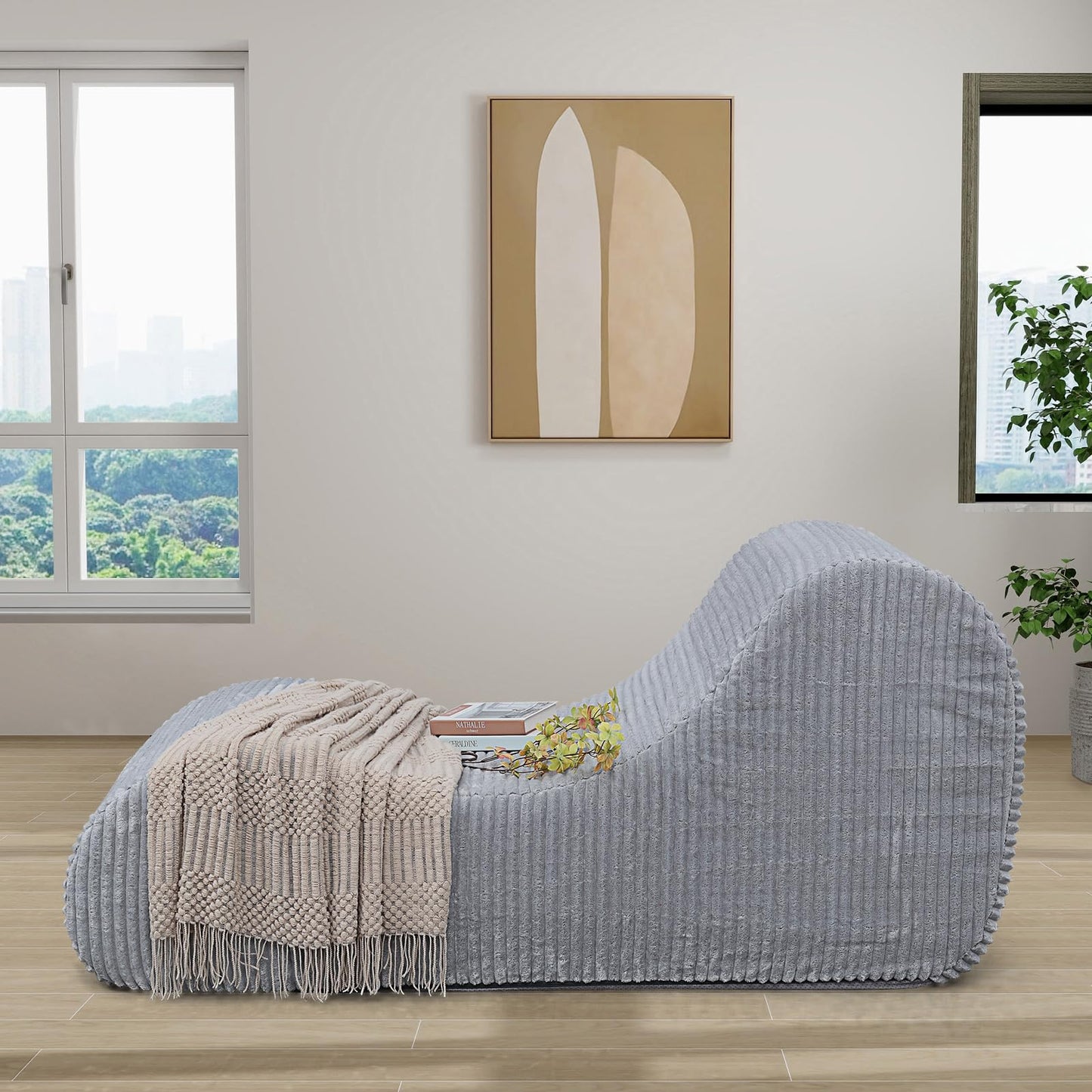 Corduroy Chaise Lounge Chair Couch Indoor Boneless Oversized High-Density Sponge Soft Sofa Human Body Curves for Yoga, Light Grey