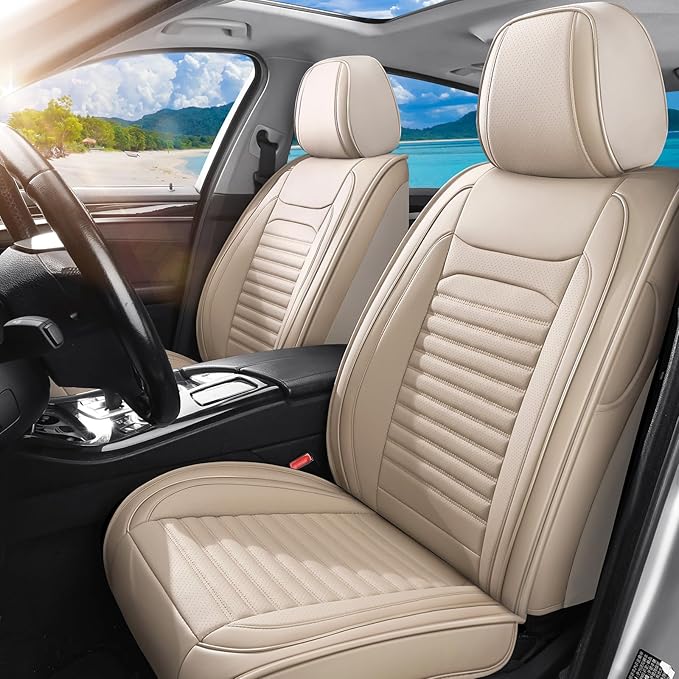 Truck Seat Covers Full Set Fit for Toyota Tacoma 2001-2026, Premium Faux Leather Car Seat Protector,Breathable Anti-Slip Full Wrapping Edge Seat Covers(Beige,Full Set)