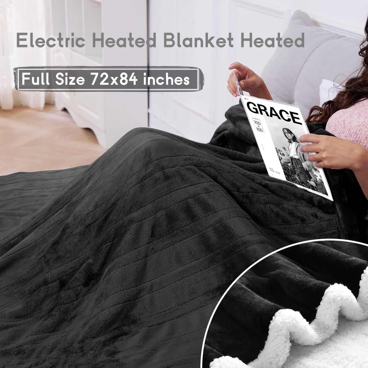 Heated Blanket Electric Blanket Full Size 72''x84'', Soft Flannel Heating Blanket with 1-10 Hour Auto Off - 6 Heat Settings - Machine Washable - Dark Grey