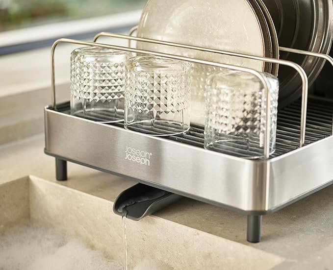 Joseph Joseph Extend Max Steel Expanding Dish Drying Rack, with high Capacity Large for Items, Cutlery and Knife Holder, Swivel Draining Spout, Stainless Steel