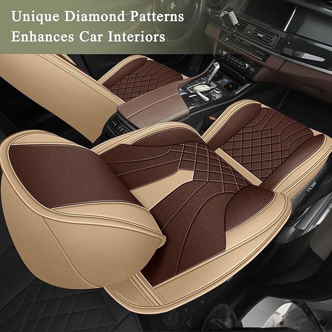 Breathable Car Seat Covers for Subaru Outback 2010-2025 2026, Front Seats, Perforated Leather, Seat Protector, Interior Trim for Subaru Outback Accessories (Beige&Brown)