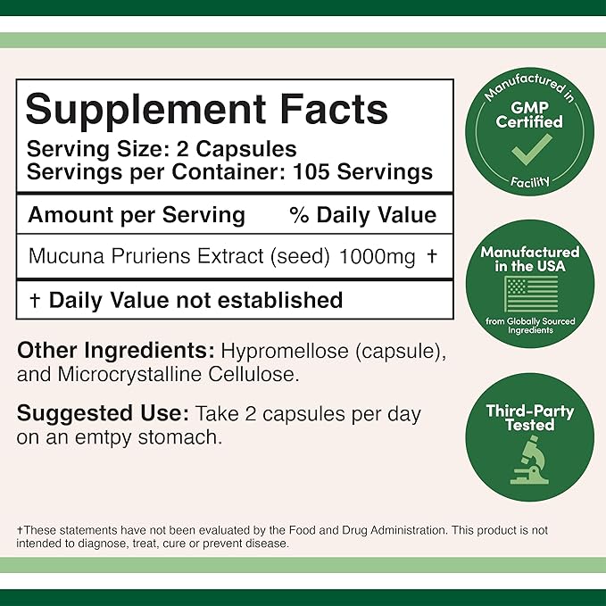 Mucuna Pruriens Extract Capsules - Dopamine Boosting Supplement - 210 Count, 1,000mg Per Serving, 20% (from Velvet Bean) (for Mood and Motivation Support) Third Party Tested by Double Wood