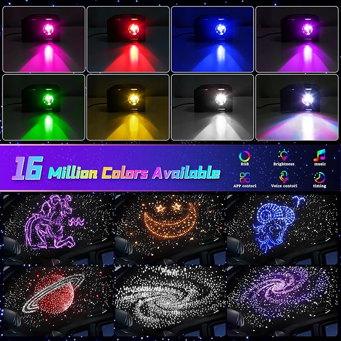 Car Starlight Headliner Kit, Twinkle & Sound Activated RGBW 16W 500pcs*0.02in*9.8ft Fiber Optic Starlight Kit with APP& Remote Controlled, Star Lights for Ceiling Car Roof/Home Theater