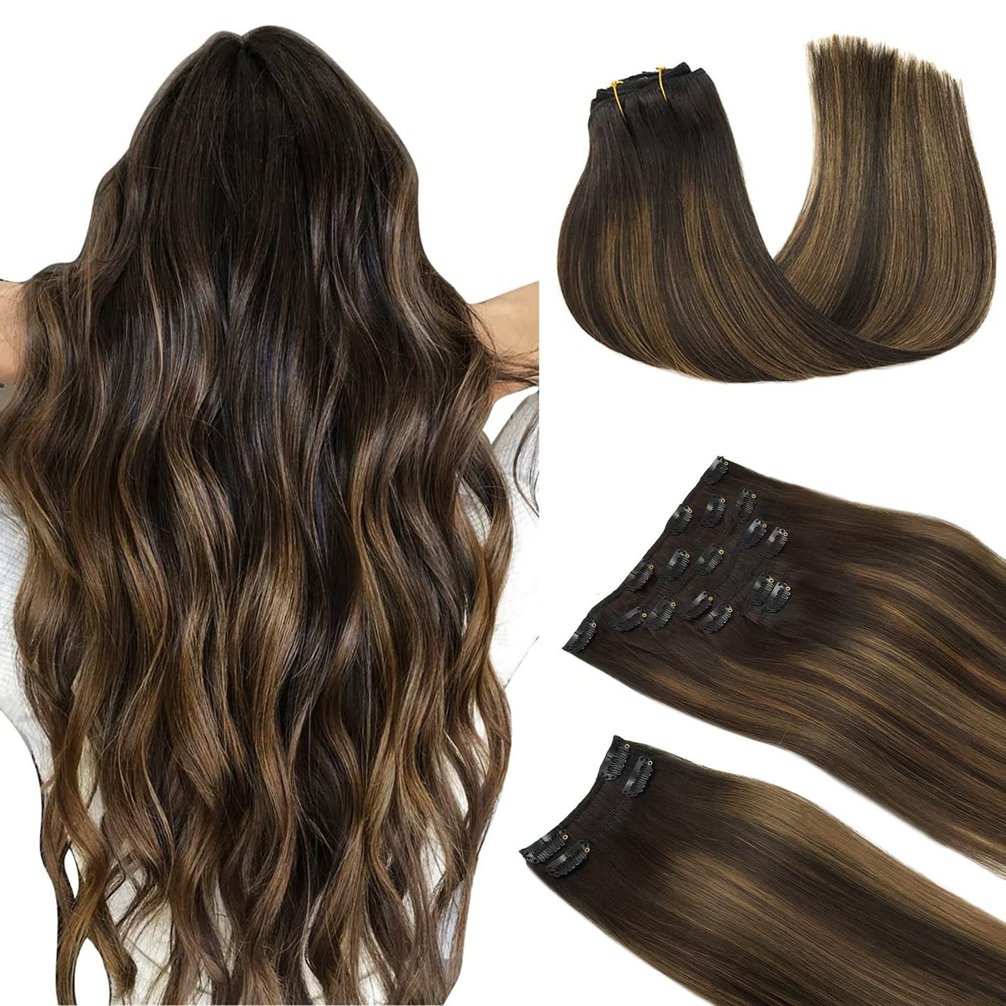 Doores Clip In Hair Extensions Real Human Hair, Balayage Dark Brown To Chestnut Brown 18 Inch 9Pcs 150G, Remy Hair Extensions Cl