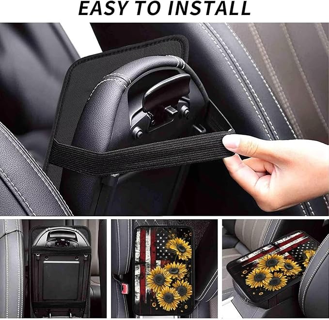 American Flag Sunflower Car Center Console Cushion Pad Rustic Flower Yellow Arm Rest Covers Universal Armrest Seat Box Cover Protector Comfortable Cars Decor Accessories