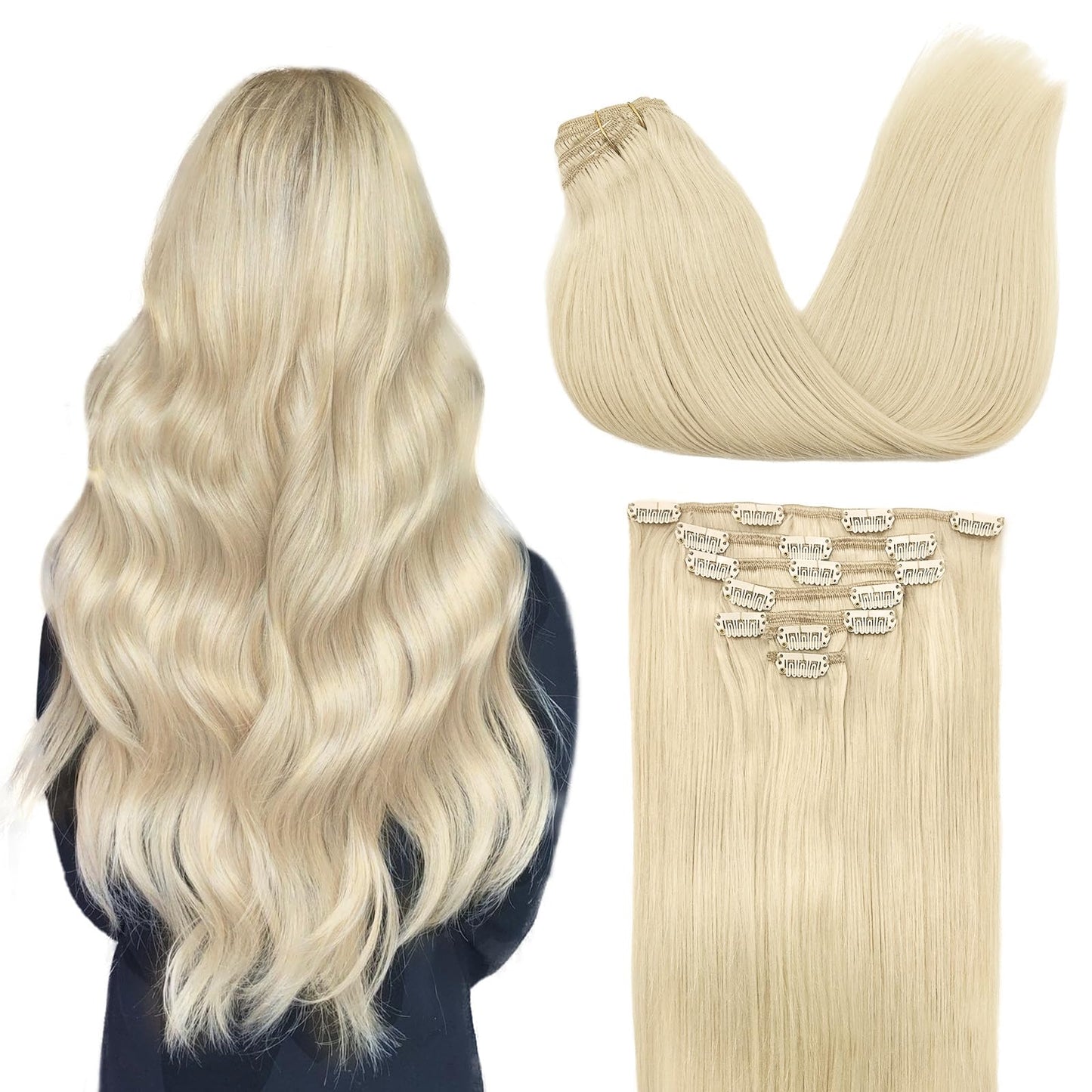 Doores Human Hair Extensions Clip In Human Hair Platinum Blonde 22 Inch 120G 7Pcs Clip In Hair Extensions Straight Natural Hair