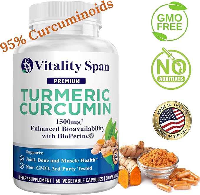 Turmeric Curcumin Supplement 1500mg, Ultra Potent, High Absorption Curcumin with Black Pepper, 95% Curcuminoids, Non-GMO, Made in USA, 60 Veg Capsules