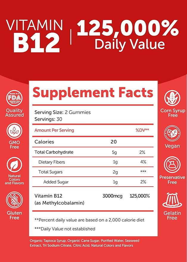 Vitamin B12 Gummies for Adults - Tastiest Proprietary Formula - 3000mcg Methyl B-12 High Absorption Energy Gummies - Non-GMO Vegan Vit B12 - Chewable B 12 for Energy Support and Bone Health - 6 Pack