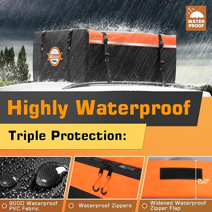 Sailnovo Rooftop Cargo Carrier 15 Cubic Feet, Waterproof Car Roof Bag Top Luggage Storage with Slip Mat, 4 Door Hooks & Heavy-Duty PVC for All Vehicle Roof with/Without Rack Cross Bar Orange