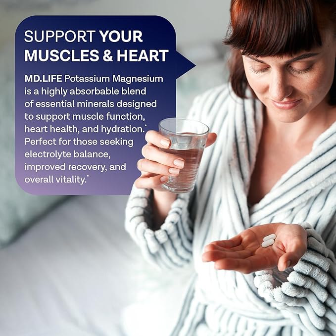 MD. Life Magnesium Potassium Supplement - 30 Capsules - High Absorption Magnesium Complex - Magnesium Supplement to Support Vascular Health & Leg Cramp 30cts