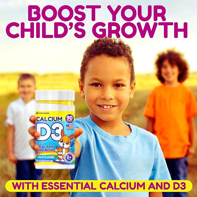 Calcium D3 Chewable Tablets for Kids – 640 mg Calcium & 320 IU Vitamin D3 – Non-GMO, Milk Flavor – Bone & Teeth Support Supplement – 90 Tablets for Ages 2+