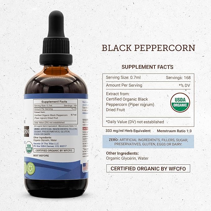 Secrets of the Tribe Black Peppercorn Alcohol-Free Liquid Extract, USDA Organic Black Peppercorn (Piper nigrum) Tincture Supplement (4 FL OZ)
