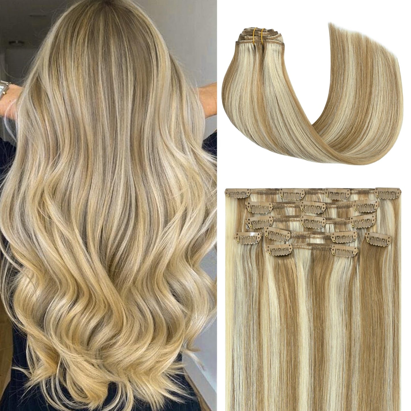 Honsoo Clip In Virgin Hair Extensions 18Inch 70G Real Human Hair Extensions Balayage Straight Silky Mixed Bleach Blonde Real Hum