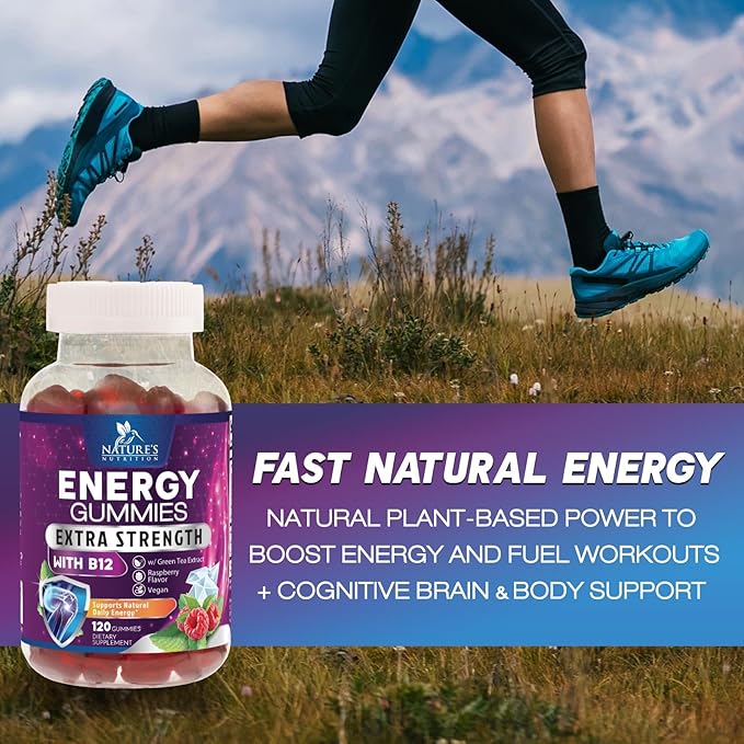 Energy Gummies Vitamin B12 1000 mcg, Green Tea Natural Caffeine Support, Extra Strength Daily Energy Vitamins, Delicious Berry Flavor Gluten Free Chewable Supplement for Cycling & Running - 120 Chews