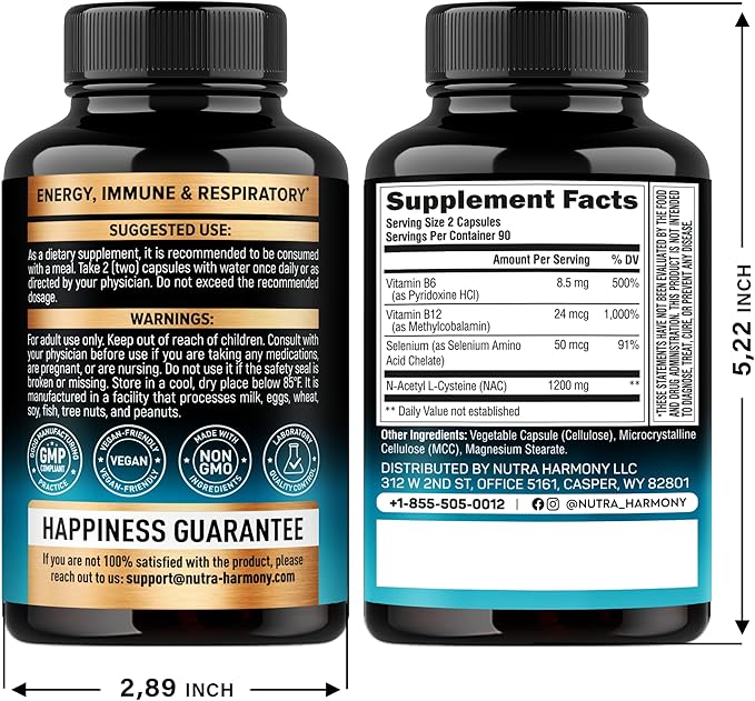 NAC Supplement | Selenium | B6 | B12 - Antioxidant, Immune Support - N Acetyl Cysteine 600 mg per Capsule, 1200 mg per Serving - Made in USA - Non-GMO, Gluten-Free, Vegan - 180 Caps, 3 Month Supply