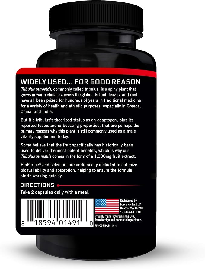 FORCE FACTOR Tribulus Terrestris for Men, 3-Pack, Tribulus Testosterone Booster for Men, Male Vitality Supplement, Tribulus Extract & Natural Ingredients for Superior Absorption, 1000mg, 180 Capsules