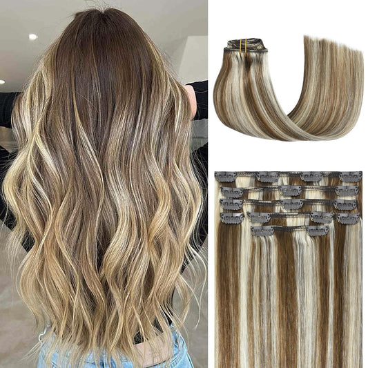 Honsoo Light Brown To Blonde Highlights Long Straight Clip In Hair Extensions Real Human Hair 115G 22In 7Pcs No Tangles Sliky Sm