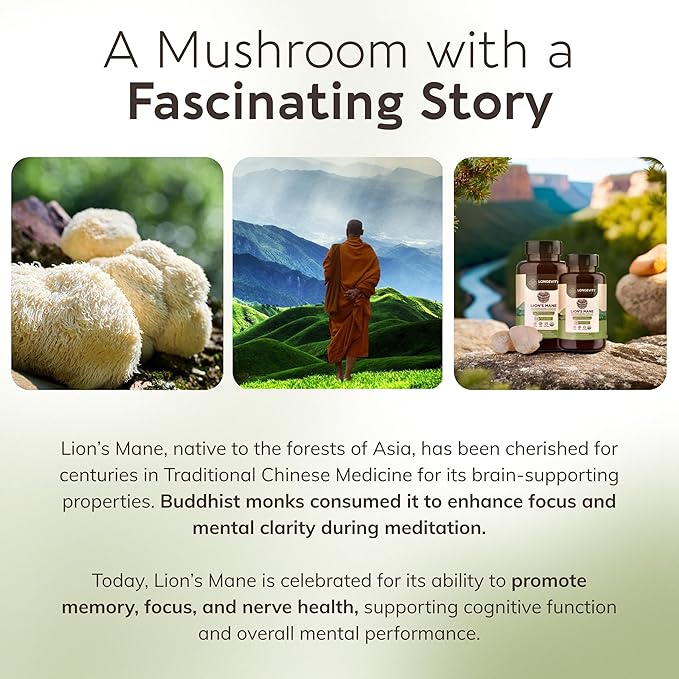 Longevity Botanicals Organic Lion’s Mane Mushroom Extract Capsules (240) | Concentrated 8:1 Ratio | 100% Fruiting Bodies | Hericium Erinaceus Nootropic Supplement for Focus, Memory & Brain Support