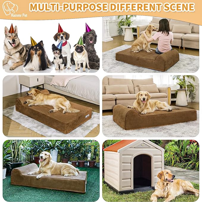 Orthopedic Dog Beds for Large Dogs, 7" Memory Foam Dog Beds with Waterproof Liner, Chew Proof Microsuede Cover, Removable and Washable, Nonskid Bottom, 48"x30" L Brown