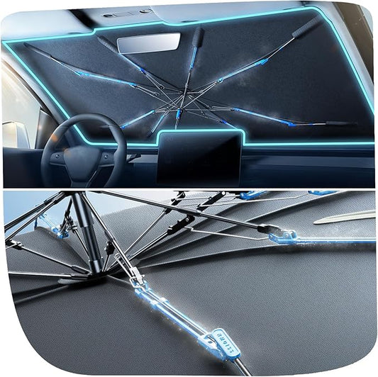 Upgraded Nmoiss Windshield Sun Shade Umbrella [Ice Rib] High Speed Cooling 99% UV Blocking Protects Car from Sun and Heat Damage, Keeps Cool and Protects Interior Large (61" L x 35" W)