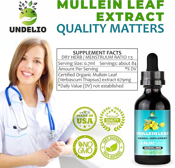 Undelio's Herbal Mullein Leaf Extract - Organic & Alcohol-Free Tincture for Respiratory, Lung, Sleep & Digestive Support - Non-GMO, Vegan - 2 fl. Oz for Immune Health & Lung Detox