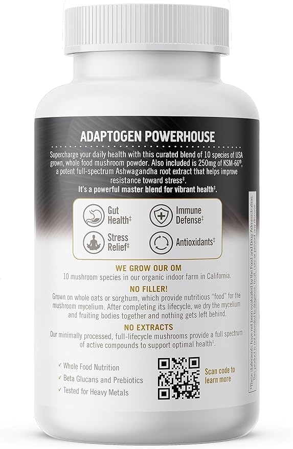 OM MUSHROOM SUPERFOOD Master Blend Mushrooms & Adaptogens Capsules, 84 Count, 28 Servings, 10 Mushroom Complex with Adaptogens for Immune and Stress Support