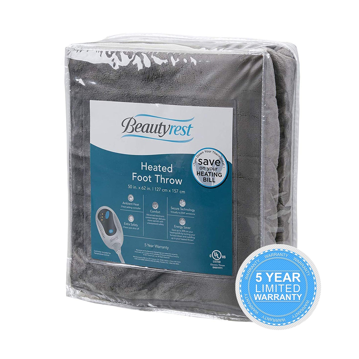 Beautyrest Foot Pocket Soft Microlight Plush Electric Blanket Heated Throw Wrap with Auto Shutoff, 50 x 62 in, Ivory