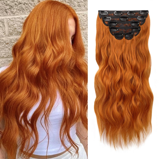 Wecan Clip In Hair Extensions 20 Inch 6Pcs Copper Red Long Wavy Curly Hair Extensions Ginger Synthetic Fiber Double Weft Soft Ha