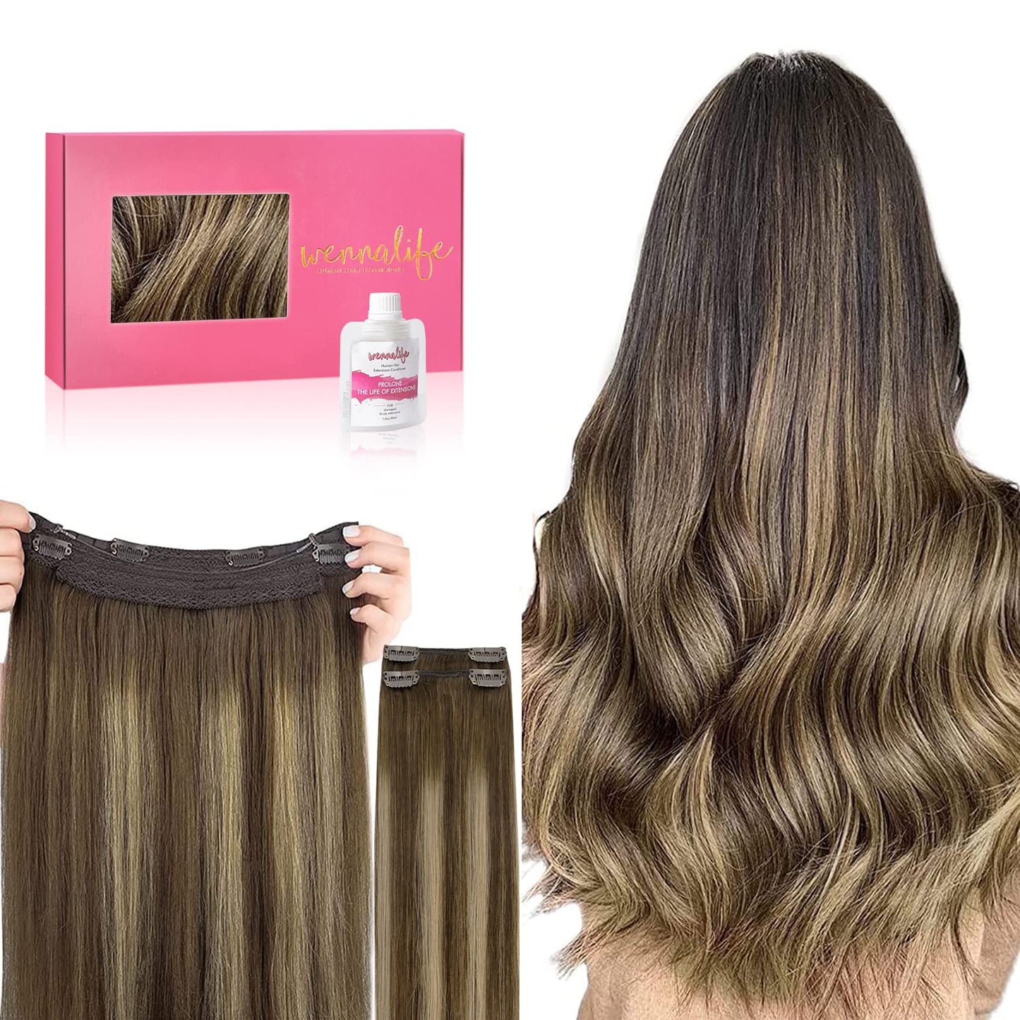 Wennalife Wire Hair Extensions (Increase 50% Lifespan) Real Human Hair 18 Inch 125G Balayage Chocolate Brown To Caramel Blonde R