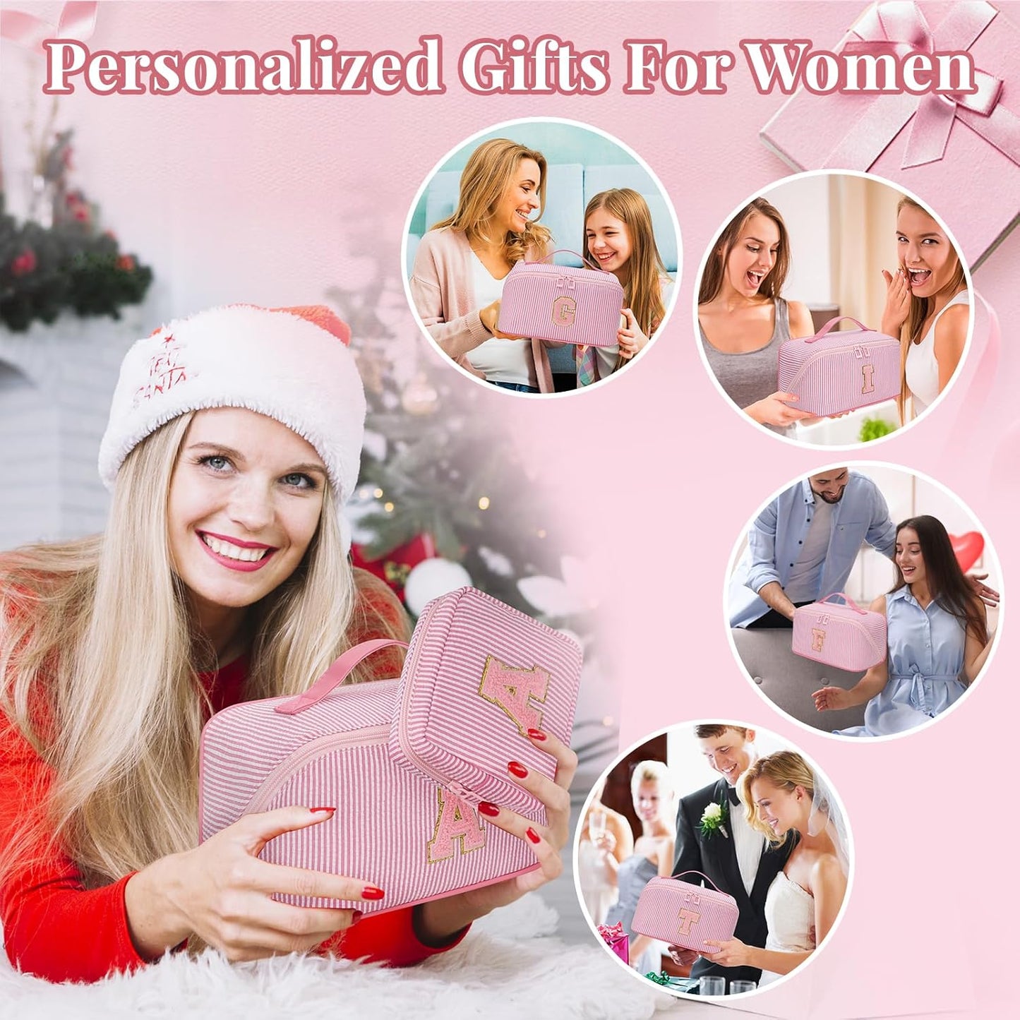 Travel Makeup Bag for Women, 2Pcs Portable Personalized Initial Makeup Organizer Bag, Open Flat Large Cosmetic Bag With Travel Essential Pouch (Pink Letter V)