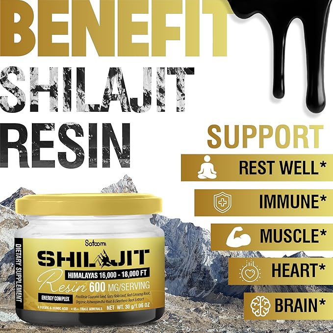 Satoomi Shilajit Himalayan Organic Resin - 30g Shilajit Supplement with 85+ Trace Minerals, Paullinia Guarana, Gotu Kola & More - Energy Production, Immune System, Comfortable Mood - 50-Day Supply