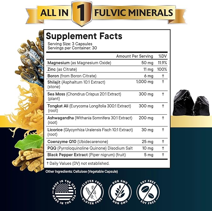 Shilajit Supplement with Sea Moss, Ashwagandha, Tongkat Ali, Boron, Magnesium - Fulvic Acid Capsules for Men - 90 Count (Pack of 2)