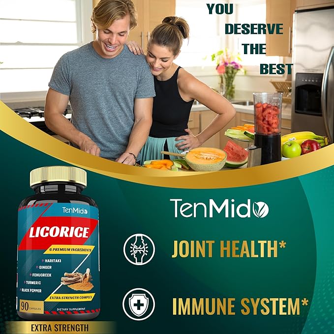 Licorice Extract Capsules with Turmeric, Ginger, Fenugreek, Haritaki, Black Pepper - Support Digestion Function - 90 Caps, 3 Months Supply