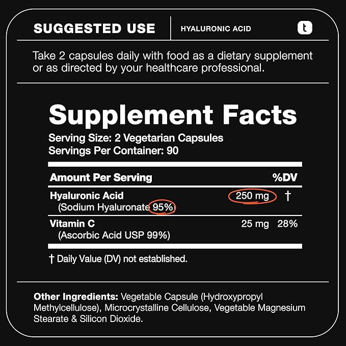 Hyaluronic Acid Supplements – Lab Tested 95% Ultra High Purity – Fermented and Bioavailable with Vitamin C – Third Party Lab Tested – 360 Capsules