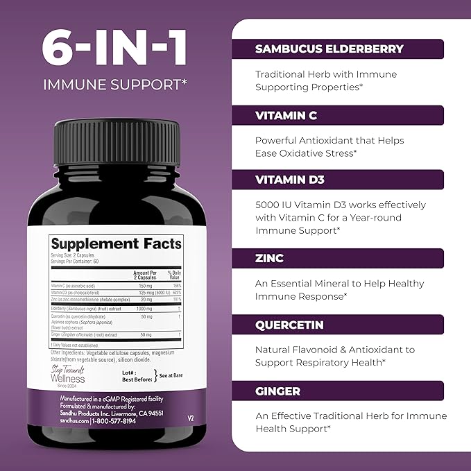 Sandhu's Quercetin with Elderberry Vitamin C & Zinc Capsules for Men & Women | Supports Immune Health | 120 Count (Pack of 1)