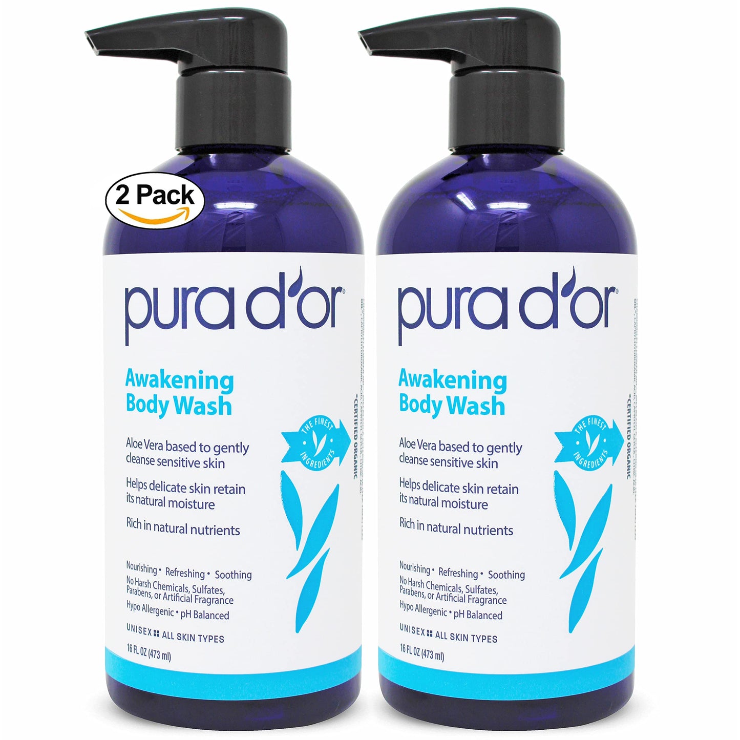 Pura D'Or Awakening Body Wash (16Oz X2 = 32Oz) Aloe Vera, Chamomile, Lavender, Tea Tree For Invigorating Earthy Scent, Ph Balanc