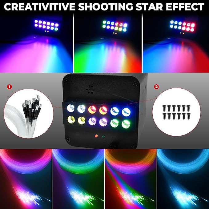 600PCS 32W Meteor Starlight Headliner Kit,4 Light Colors Twinkle Fiber Optic Star Ceiling Lights,0.03in*13.1ft/4m, App/Remote Control Rgbw Shooting Star Headliner Kit Car Roof Home Ceiling