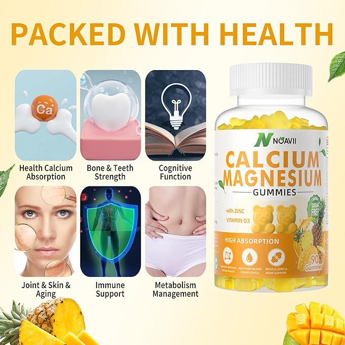 Calcium Magnesium Zinc Gummies with Vitamin D3, ashwagandha Supplement - High Potency Enhanced Absorption - Pineapple Flavor-90 Count