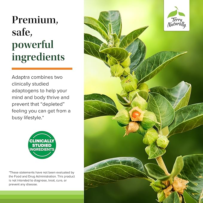 Terry Naturally Adaptra - Supplement to Support Adrenal Health - Ashwagandha Supplement with Rhodiola Rosea Extract - Herbal Supplement to Support Energy & Concentration - 60 Capsules (Pack of 2)