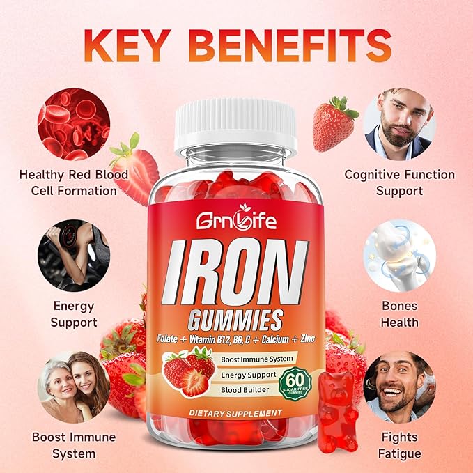 Iron Gummies for Women, Men & Kids, Sugar Free Iron Supplement with Calcium, Zinc, Folate & Vitamin B12, C, B6 - for Blood Building & Energy Support, Anemia, Strawberry, 60 Count