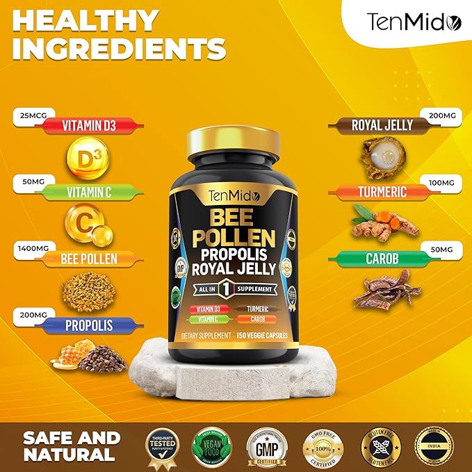 Organic Bee Pollen Supplement for Men and Women, 7in1 Formula with Propolis, Royal Jelly, Turmeric, Carob & More - Energy, Immune, Digestive Support - Rich in Nutrient, Vitamins - 150 Capsules