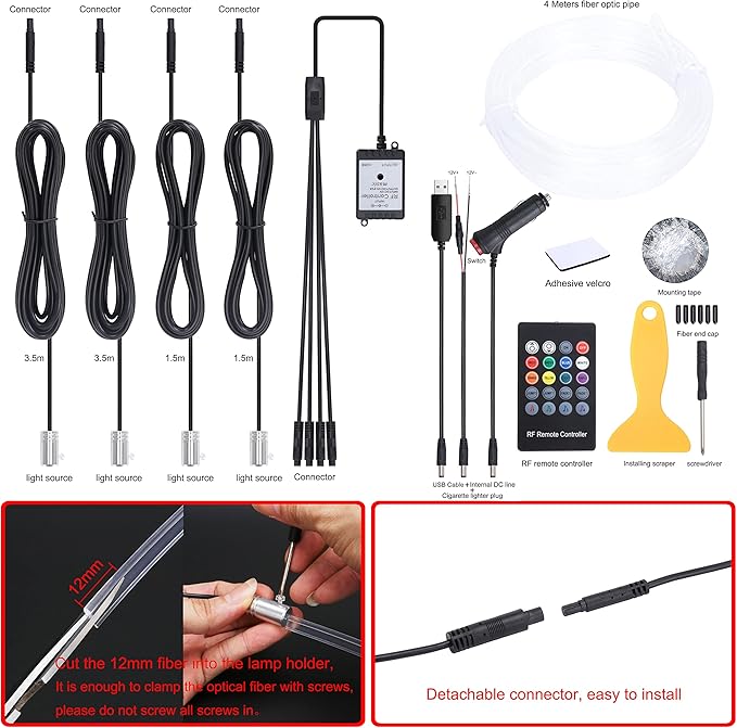 Car Ambient Lighting Optic Fiber 8 Colors Music Sound Active with RF Remote Control Car Decorative Atmosphere Lighting Kit DC 12V 1W 4m