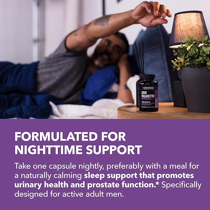 Saw Palmetto PM for Men with Melatonin 3mg - Night Time Prostate Health Supplement for Bladder and Sleep Support - Reduce Urinary Frequency - 200 Count - Vegan, Non-GMO Capsules - Over 6 Month Supply