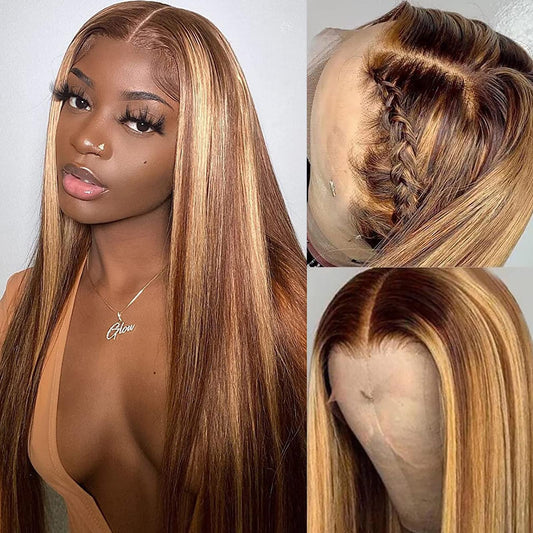 Queen Story Highlight 13X4 Lace Front Wigs Human Hair Ombre 4/27 Colored Honey Blonde Lace Front Wigs Pre Plucked With Baby Hair